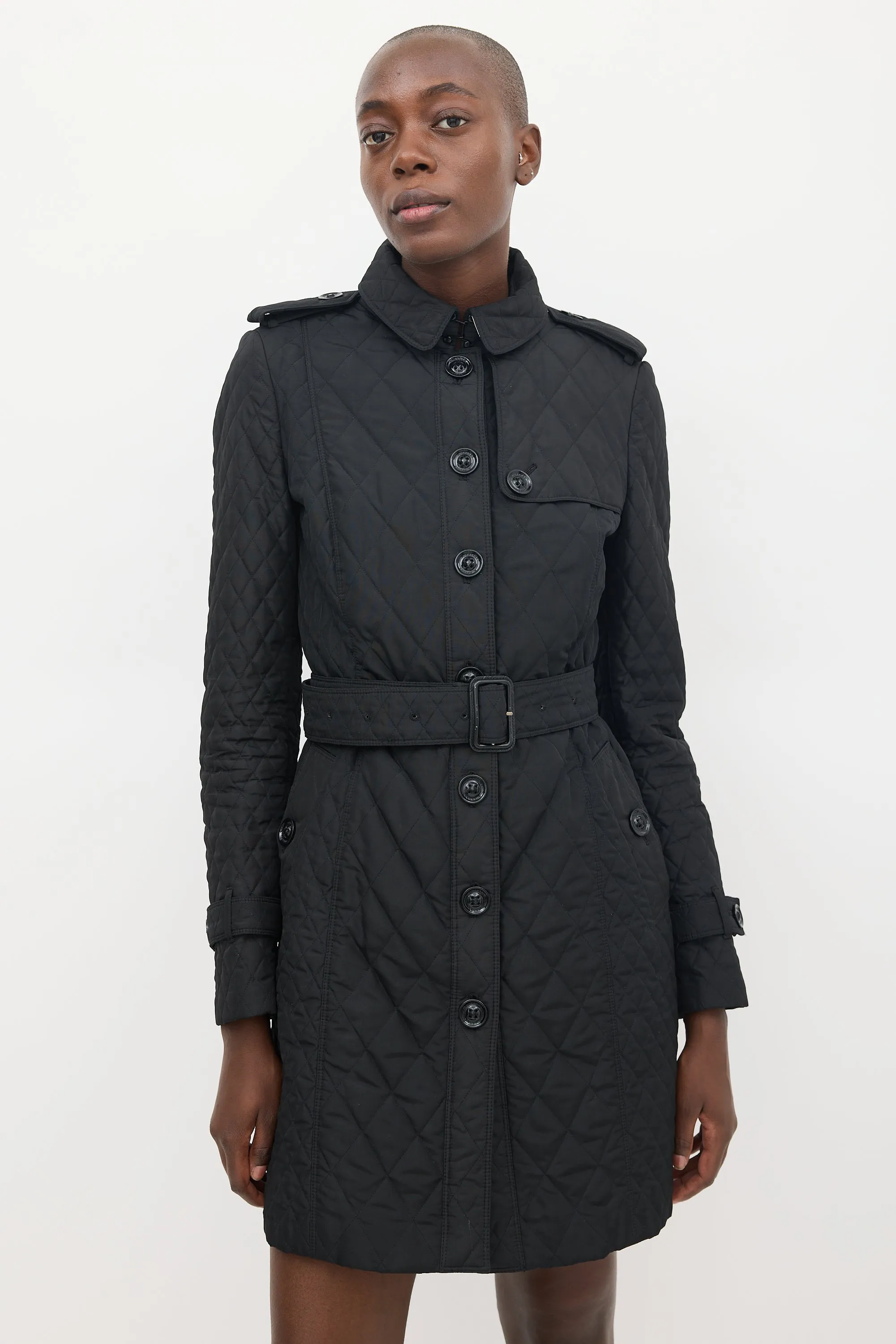 Black Quilted Mid Length Trench Coat