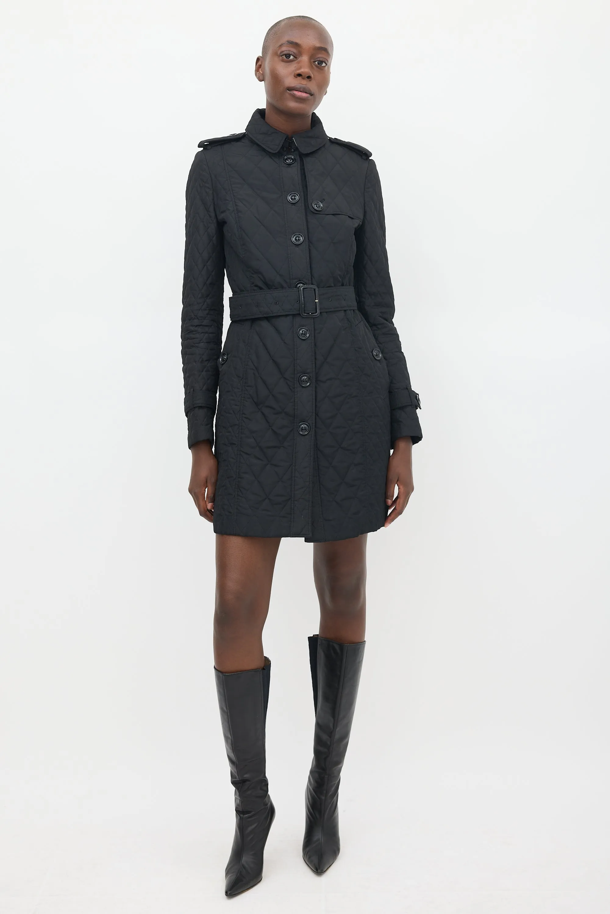 Black Quilted Mid Length Trench Coat