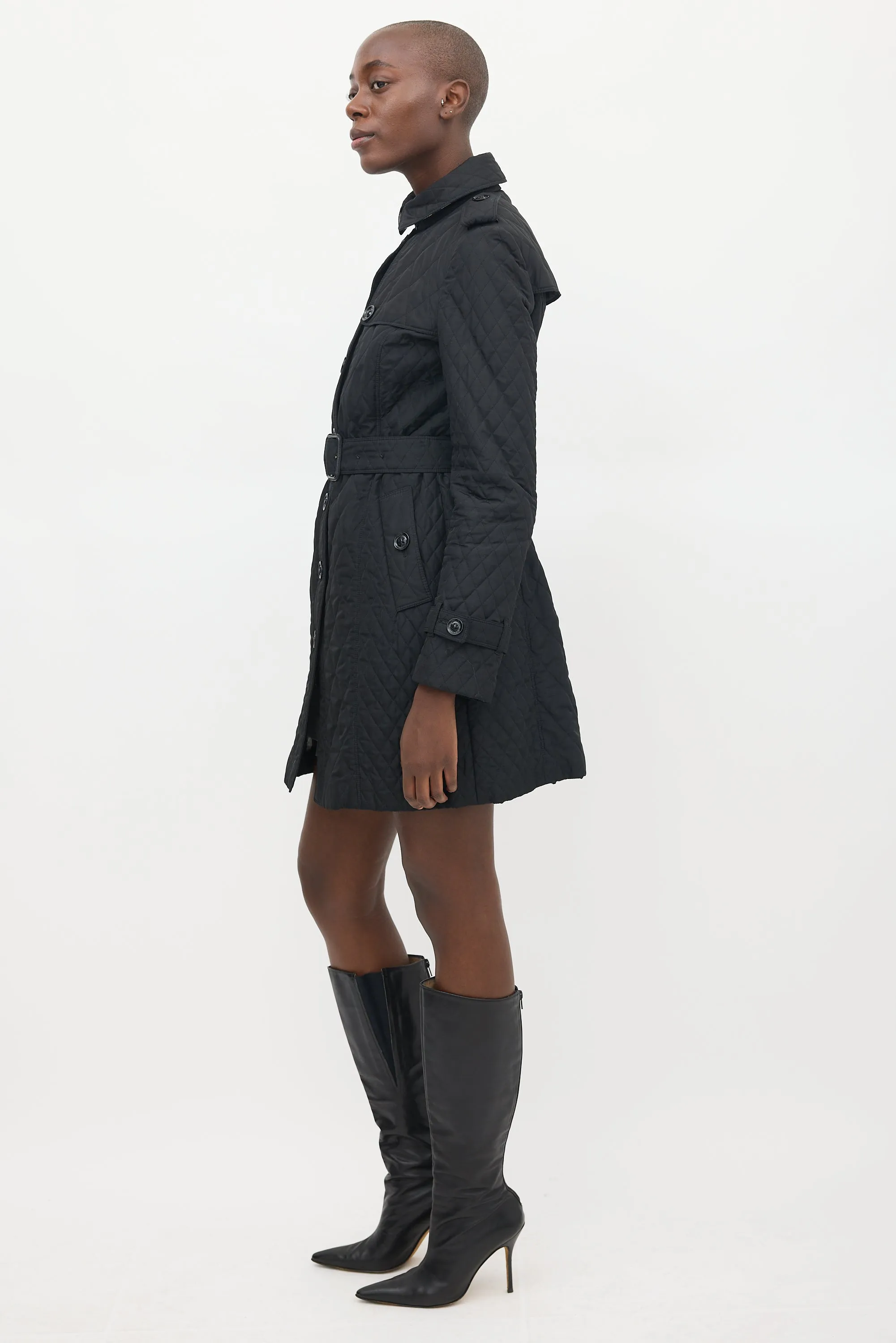 Black Quilted Mid Length Trench Coat