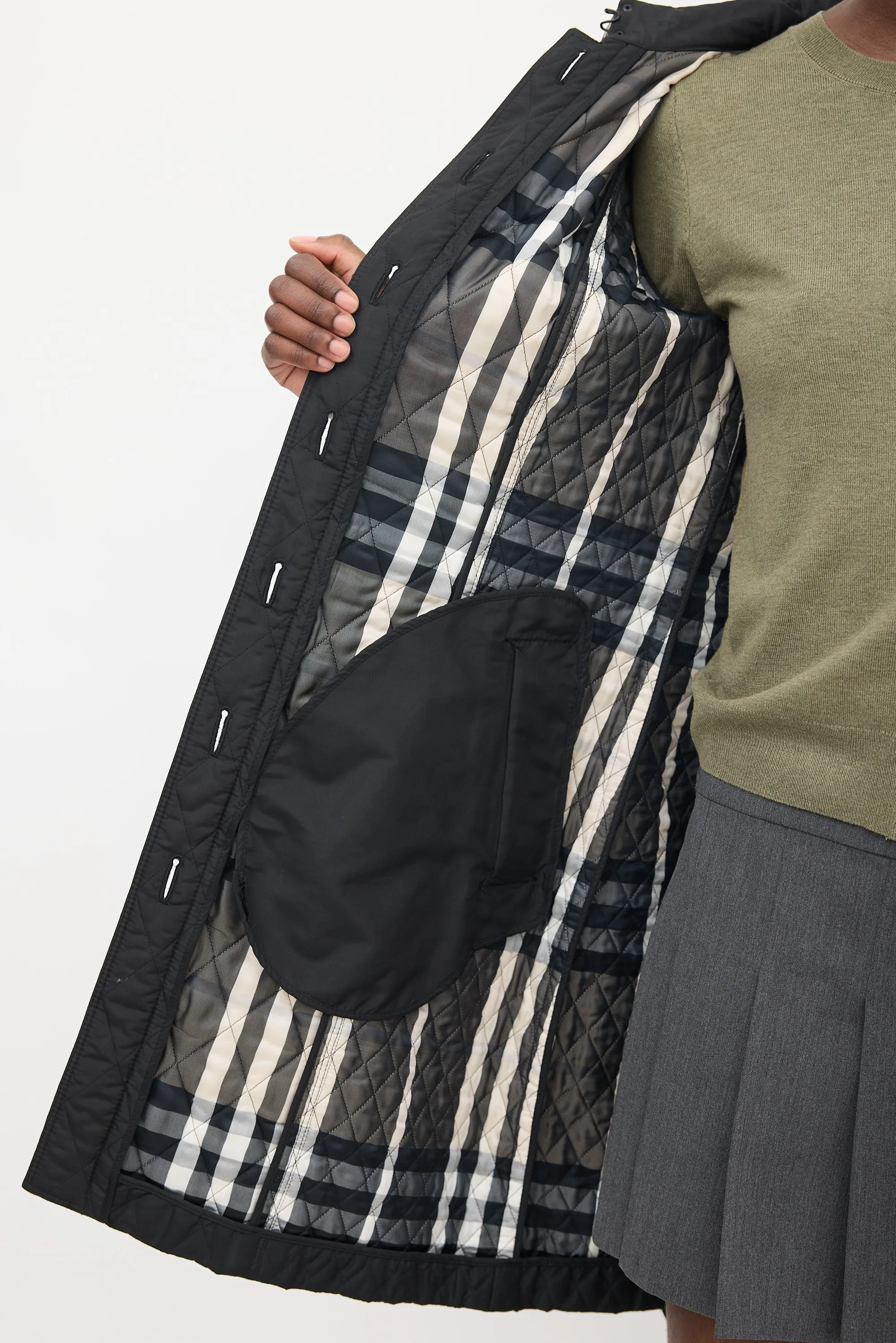 Black Quilted Mid Length Trench Coat