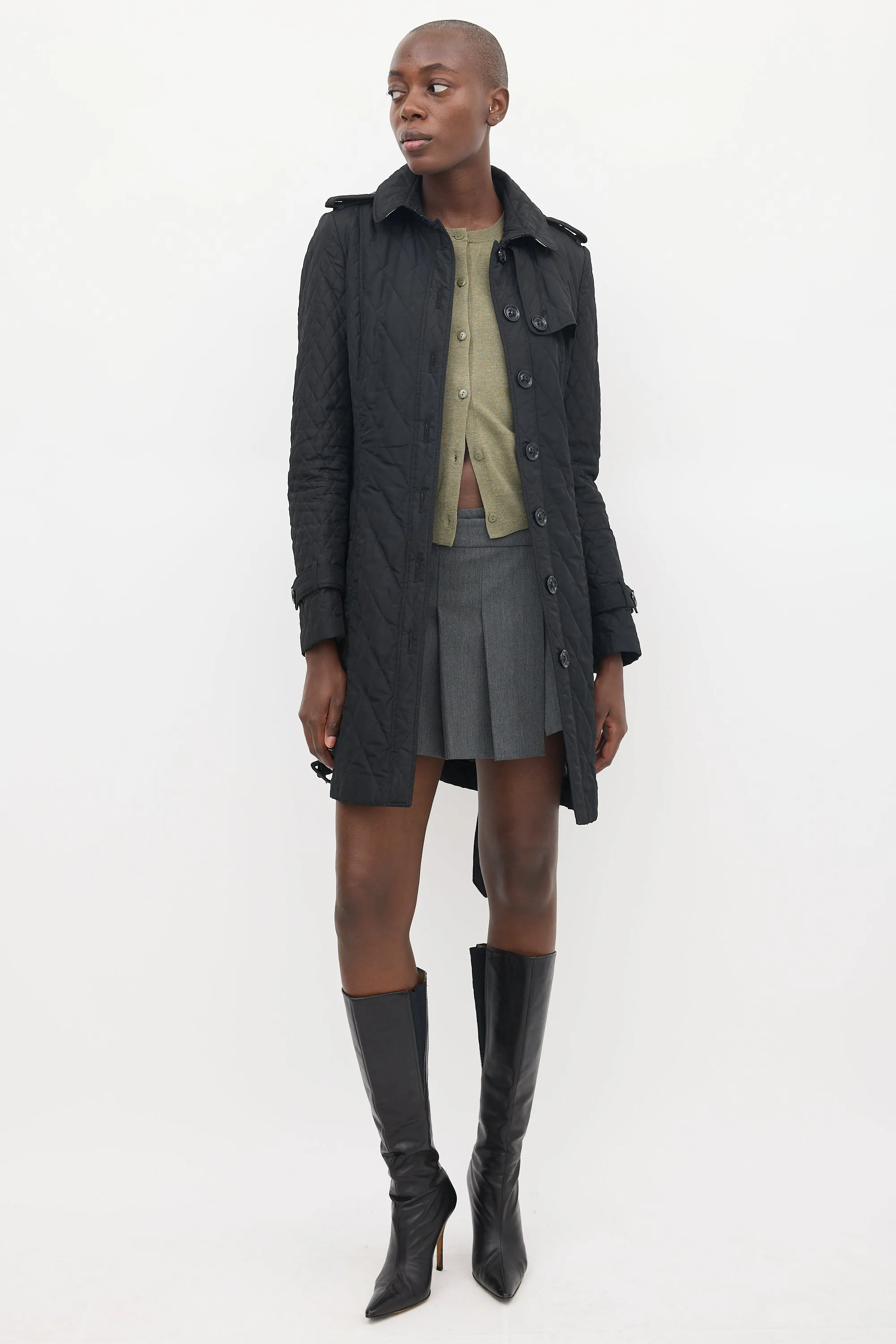 Black Quilted Mid Length Trench Coat