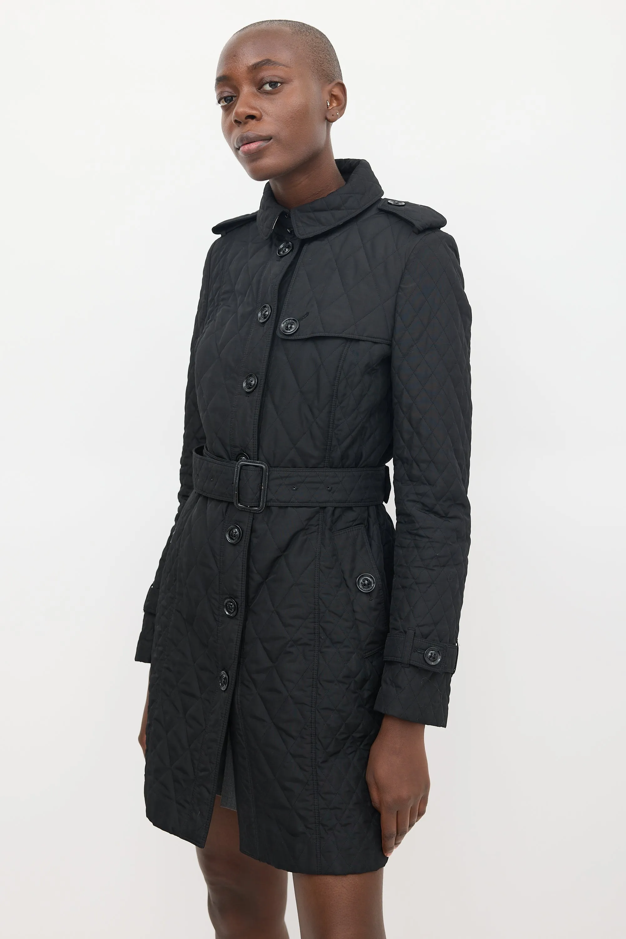 Black Quilted Mid Length Trench Coat