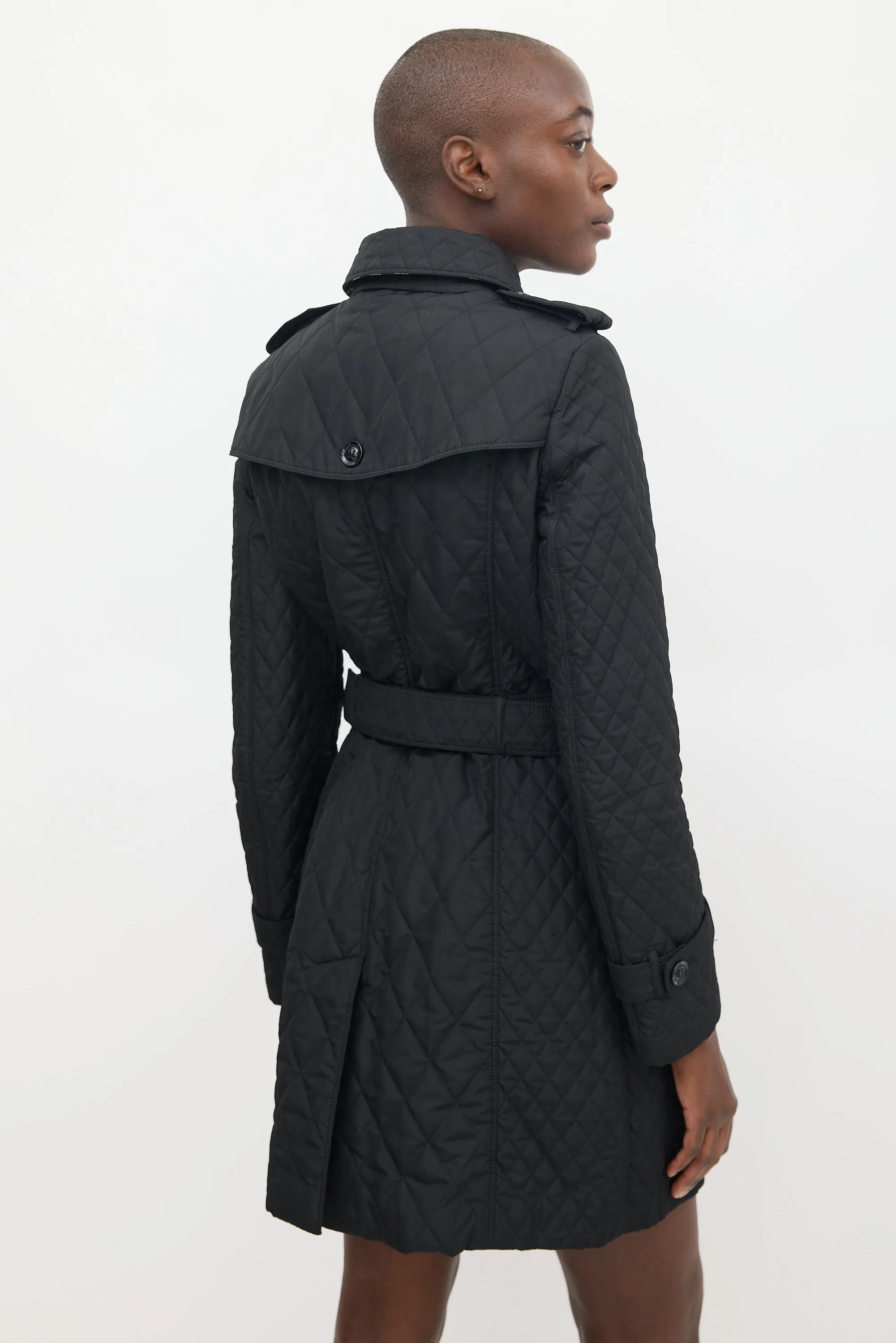 Black Quilted Mid Length Trench Coat