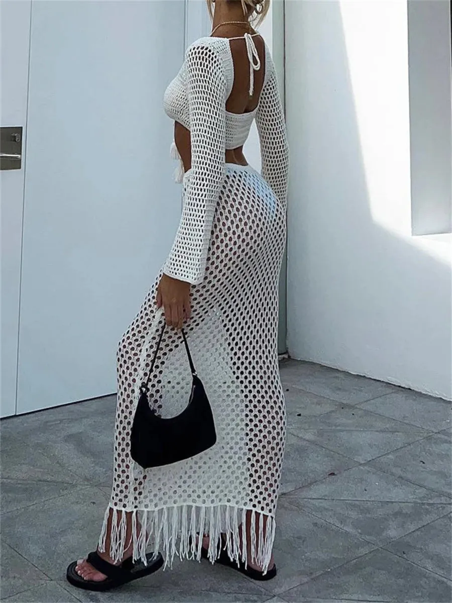 Bonnyshow  Hollow Out Crochet Knit 2Pieces Beach Suits Women's Summer Outfits Long Sleeve Lace-up Crop Tops High Waist Long Skirts