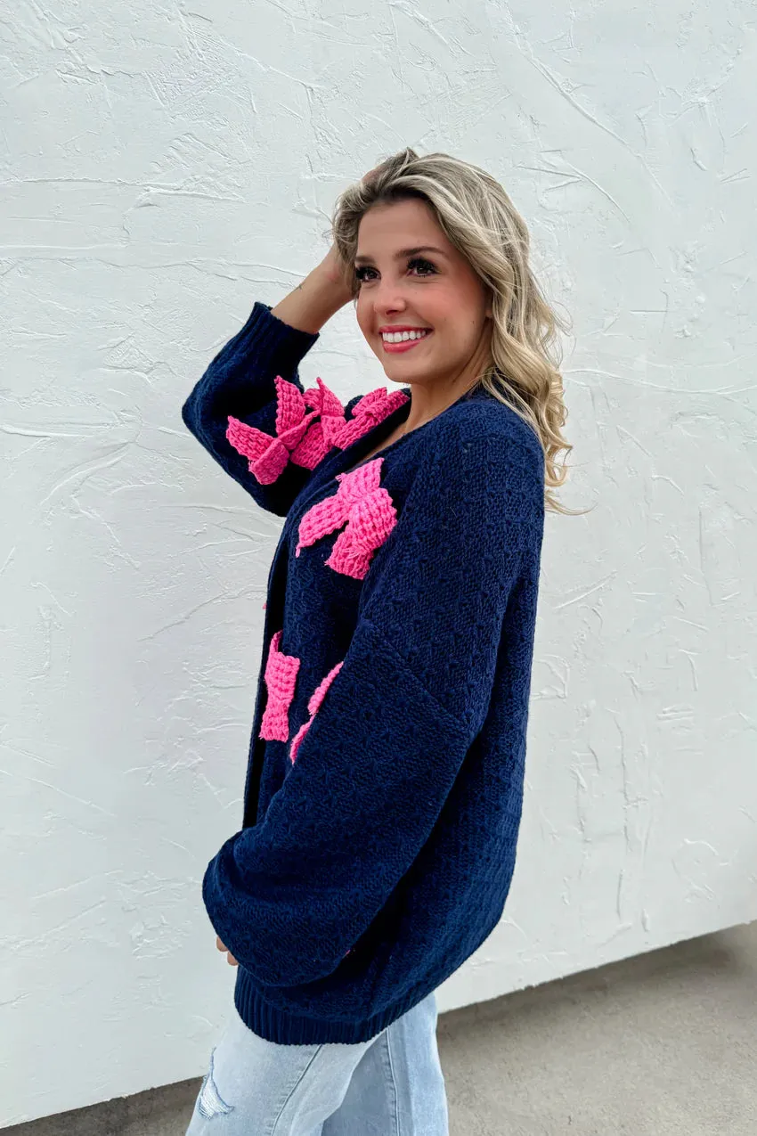Bow Knit Cardigan - Blue with Pink Ribbons