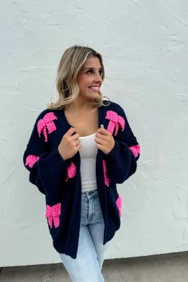 Bow Knit Cardigan - Blue with Pink Ribbons