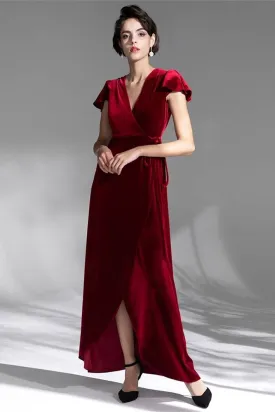 Cap Sleeves Burgundy Velvet Wrap Dress