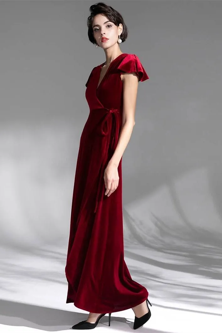 Cap Sleeves Burgundy Velvet Wrap Dress