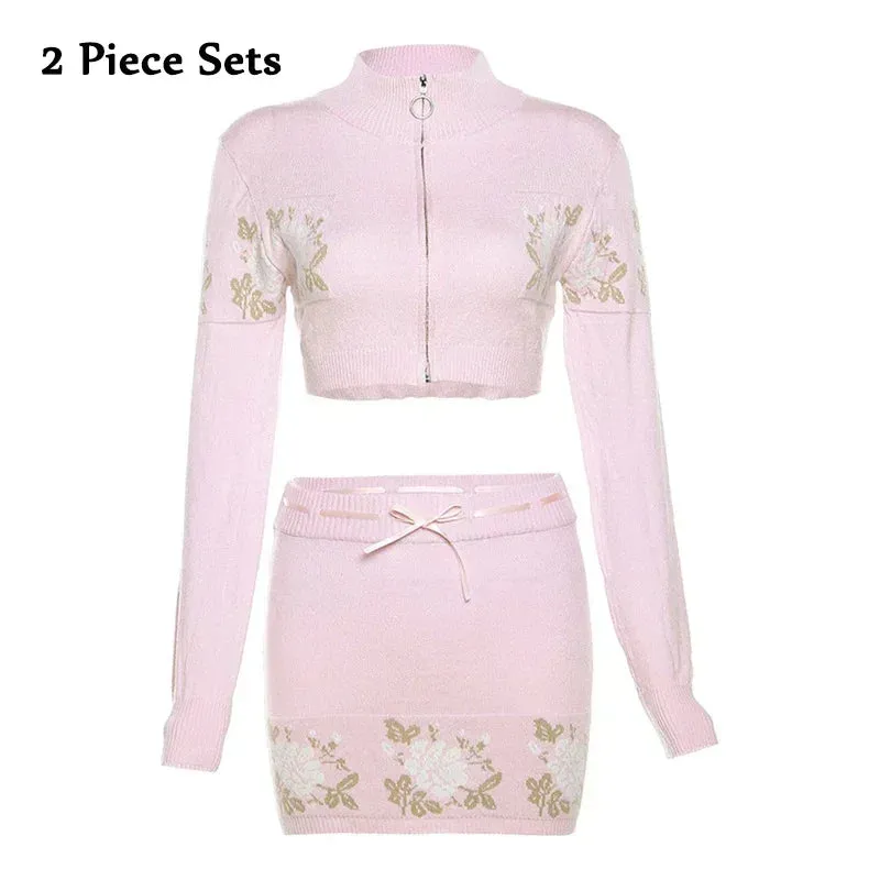 cold weather outfits Joskaa Korean Style Cute Women Pink Knitted Slim Skirts Floral Crochet Drawstring Mini Bodycon Skirts High Waist Knitwear Outfits New