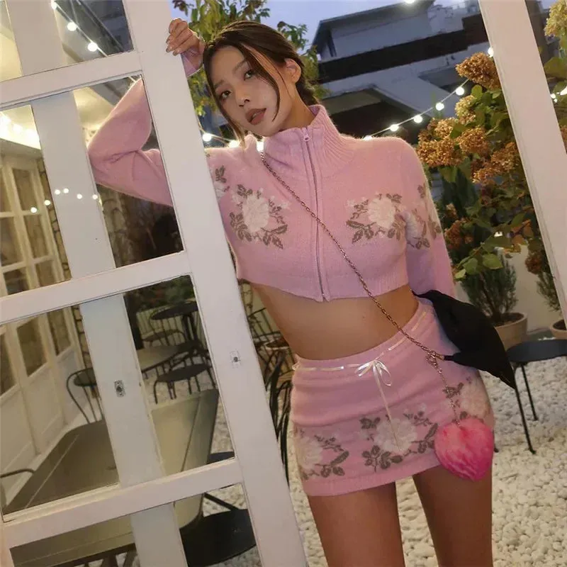 cold weather outfits Joskaa Korean Style Cute Women Pink Knitted Slim Skirts Floral Crochet Drawstring Mini Bodycon Skirts High Waist Knitwear Outfits New