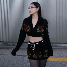 cold weather outfits Joskaa Korean Style Cute Women Pink Knitted Slim Skirts Floral Crochet Drawstring Mini Bodycon Skirts High Waist Knitwear Outfits New