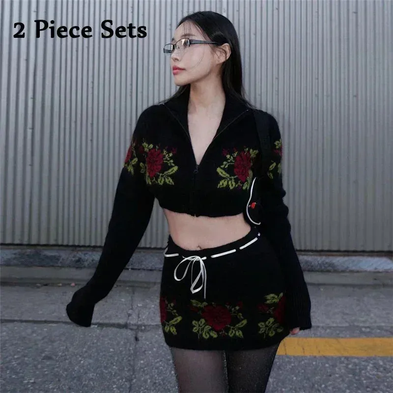 cold weather outfits Joskaa Korean Style Cute Women Pink Knitted Slim Skirts Floral Crochet Drawstring Mini Bodycon Skirts High Waist Knitwear Outfits New