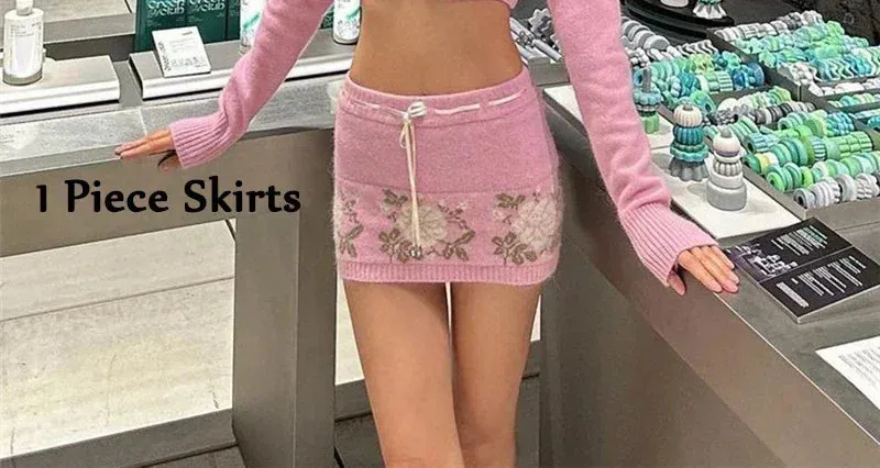 cold weather outfits Joskaa Korean Style Cute Women Pink Knitted Slim Skirts Floral Crochet Drawstring Mini Bodycon Skirts High Waist Knitwear Outfits New