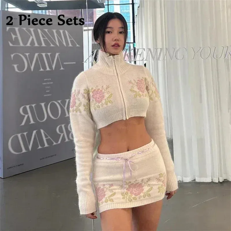 cold weather outfits Joskaa Korean Style Cute Women Pink Knitted Slim Skirts Floral Crochet Drawstring Mini Bodycon Skirts High Waist Knitwear Outfits New