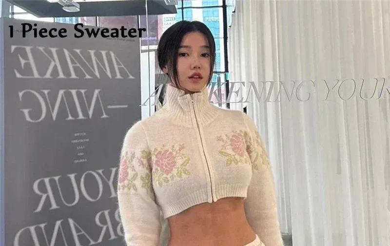 cold weather outfits Joskaa Korean Style Cute Women Pink Knitted Slim Skirts Floral Crochet Drawstring Mini Bodycon Skirts High Waist Knitwear Outfits New
