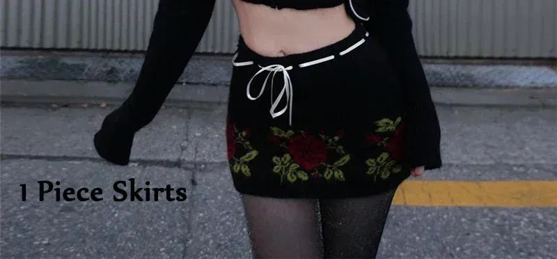 cold weather outfits Joskaa Korean Style Cute Women Pink Knitted Slim Skirts Floral Crochet Drawstring Mini Bodycon Skirts High Waist Knitwear Outfits New