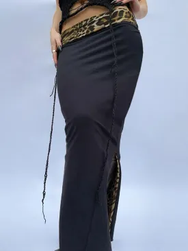Contrast Leopard Print Slim Split Elegant Sexy Black Long Skirts Womens Vacation Outfits