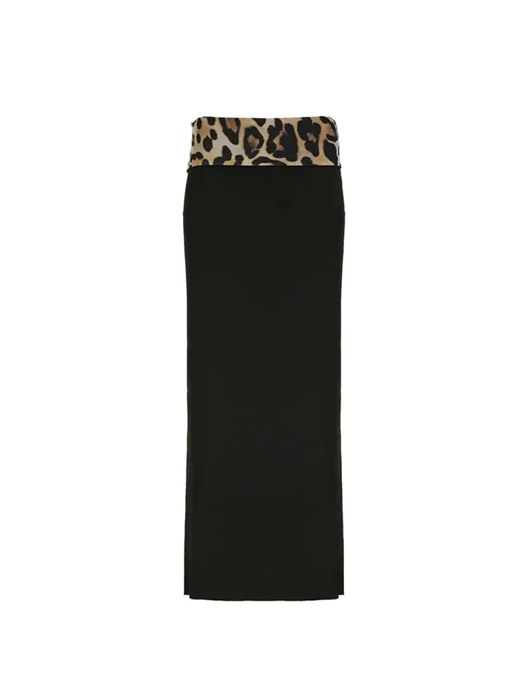 Contrast Leopard Print Slim Split Elegant Sexy Black Long Skirts Womens Vacation Outfits