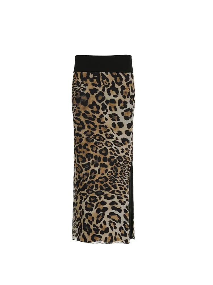 Contrast Leopard Print Slim Split Elegant Sexy Black Long Skirts Womens Vacation Outfits
