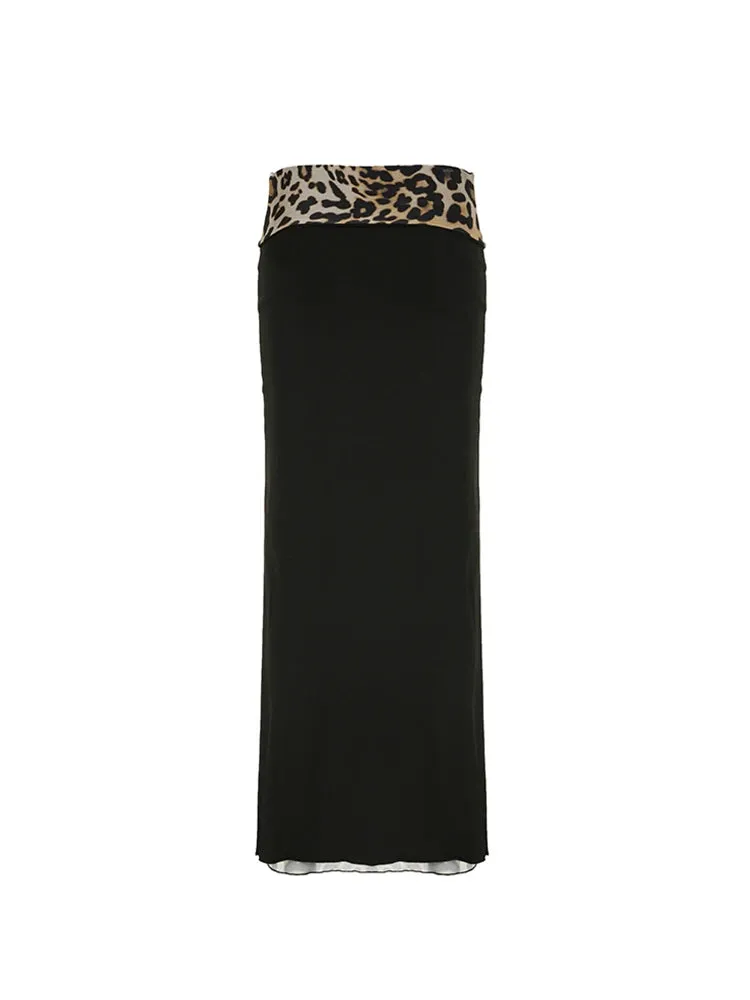 Contrast Leopard Print Slim Split Elegant Sexy Black Long Skirts Womens Vacation Outfits