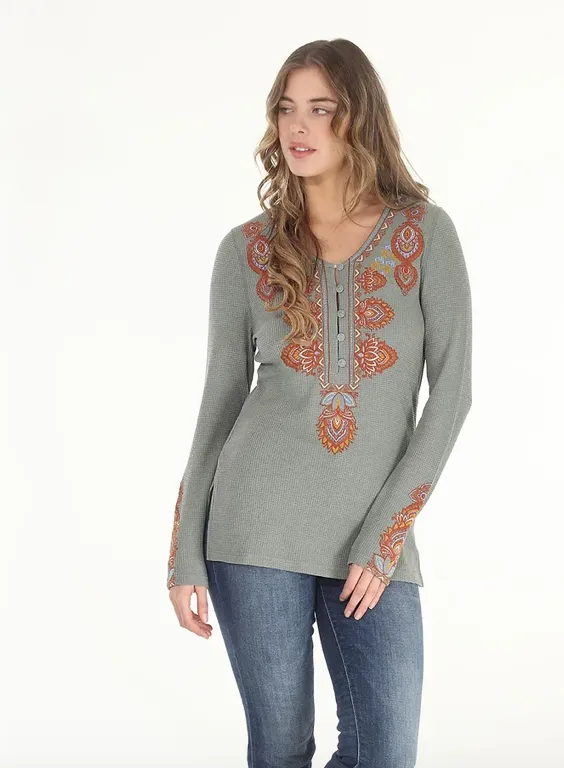 Embroidered Thermal Long Sleeve V-Neck