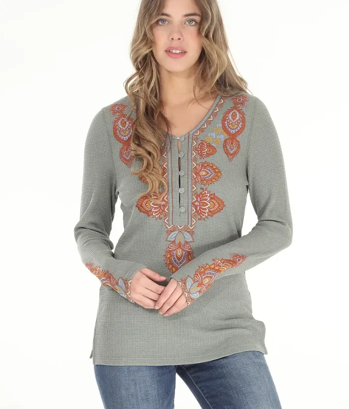 Embroidered Thermal Long Sleeve V-Neck