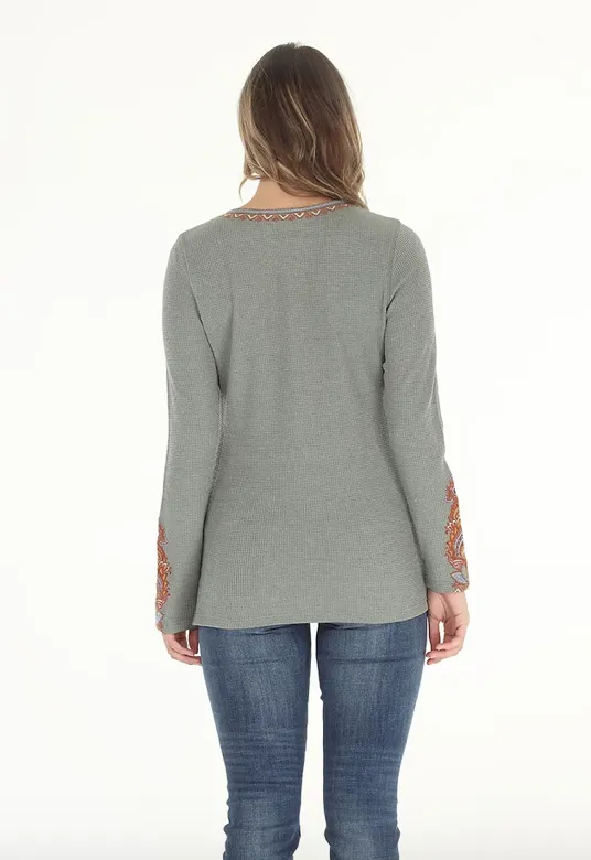 Embroidered Thermal Long Sleeve V-Neck