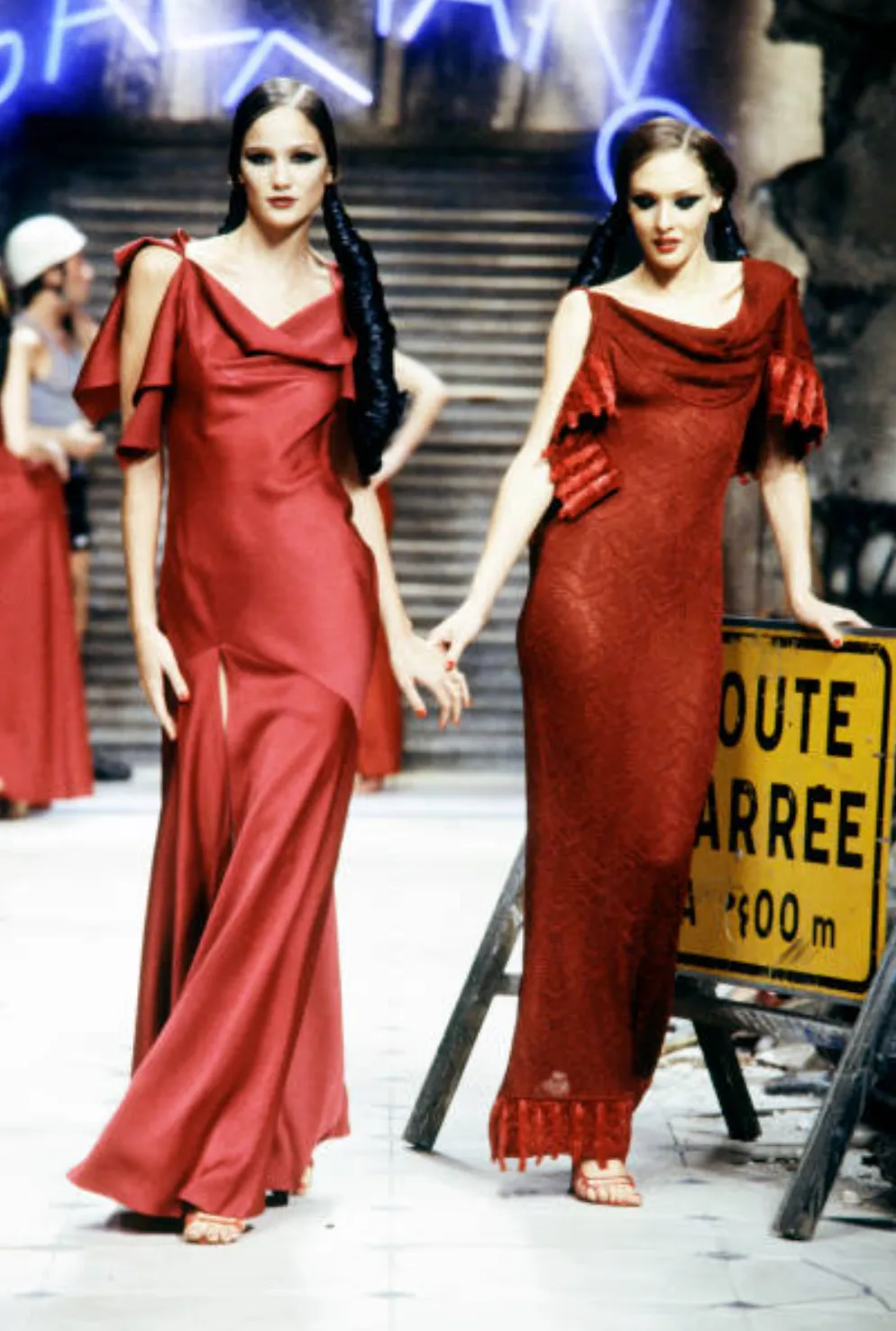 Fall 1999 John Galliano Deep Red Patterned Silk Bias Cut Backless Dress w Velvet Ribbon Details