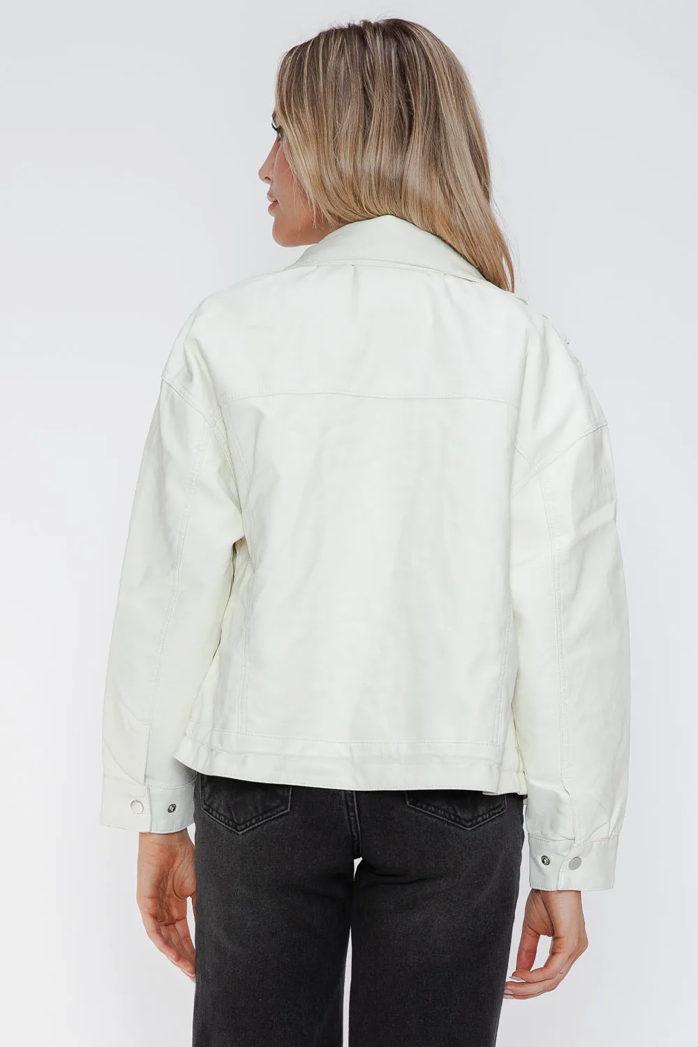 How Dare U Drawstring Hem PU Leather Zip Up Jacket