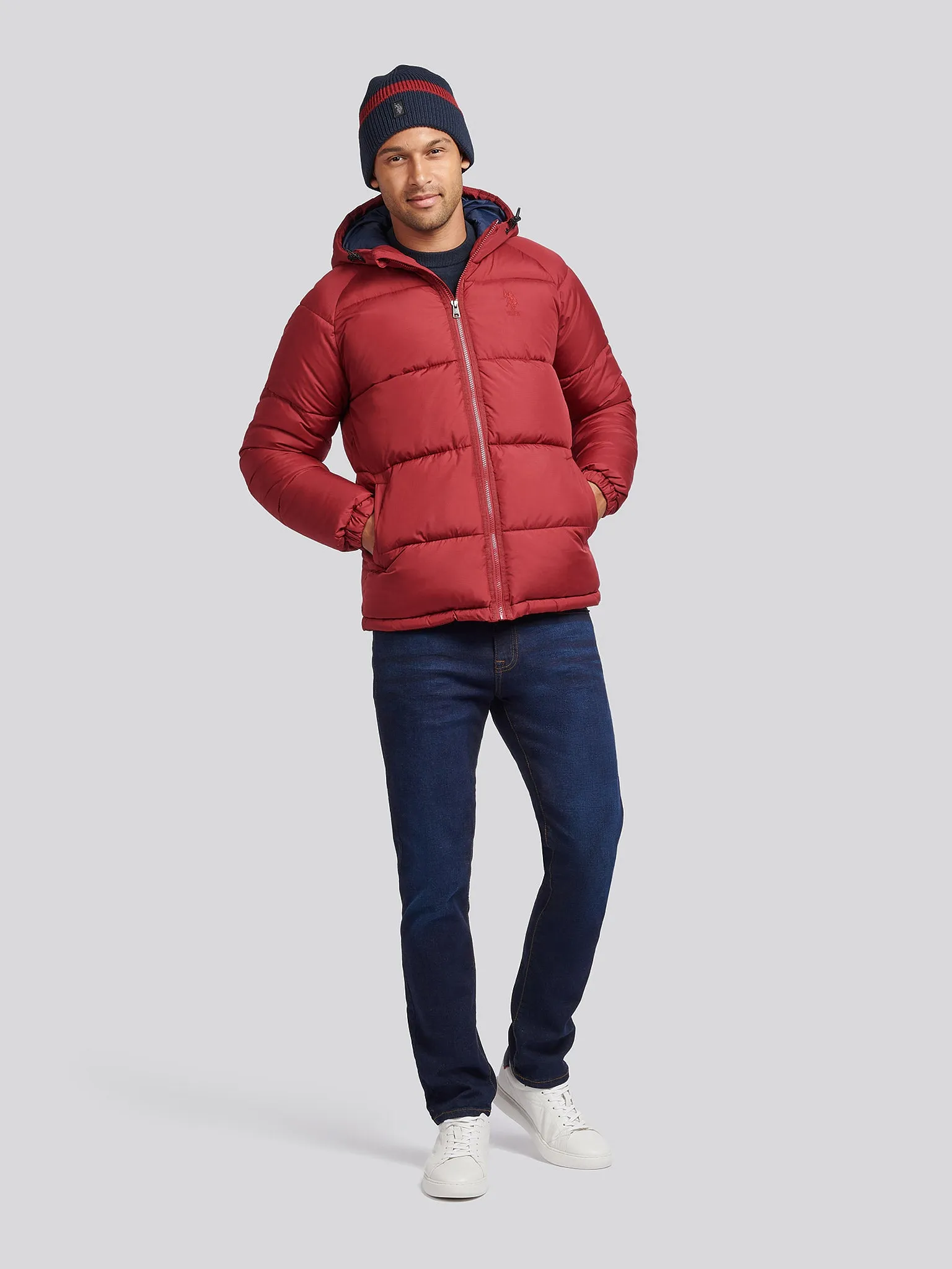 Mens Ripstop Hooded Puffer Jacket in Tibetan Red