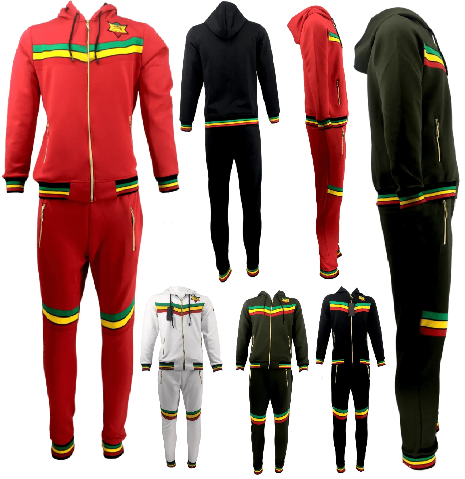 Mens Tracksuit 2 Piece Zipper Rasta Multicolour Men's Matching Sweatshirts Sweatpants Athletic Hoodie & Joggers Zip Pants Bottoms Track Suit