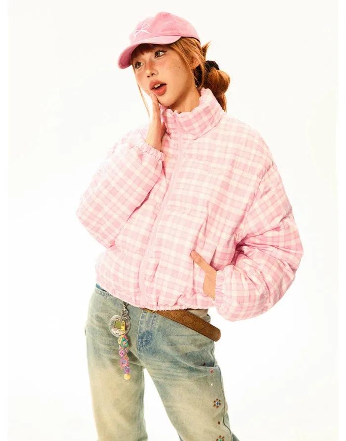 Plaid Quilted  High Collar Mid Crop Puffer Jacket