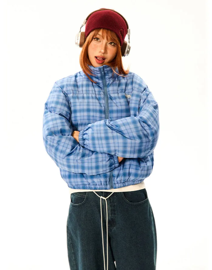 Plaid Quilted  High Collar Mid Crop Puffer Jacket