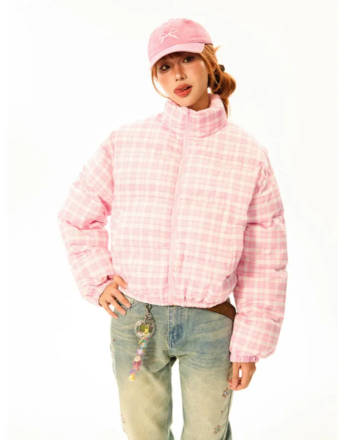 Plaid Quilted  High Collar Mid Crop Puffer Jacket