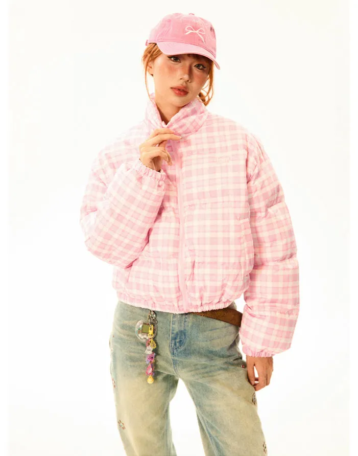 Plaid Quilted  High Collar Mid Crop Puffer Jacket