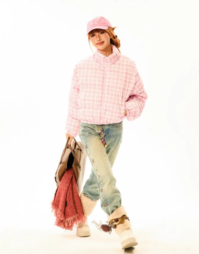 Plaid Quilted  High Collar Mid Crop Puffer Jacket