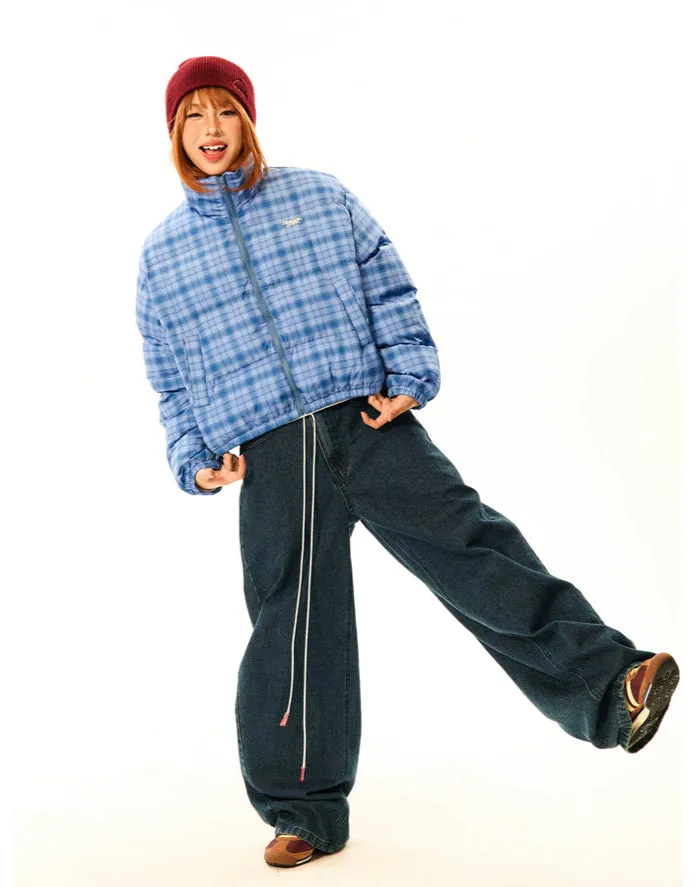 Plaid Quilted  High Collar Mid Crop Puffer Jacket