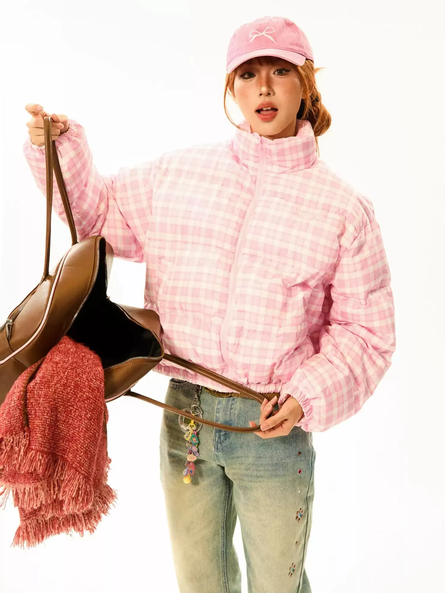 Plaid Quilted  High Collar Mid Crop Puffer Jacket