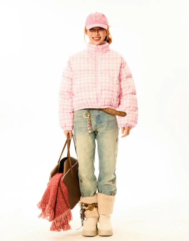 Plaid Quilted  High Collar Mid Crop Puffer Jacket