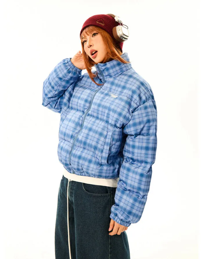 Plaid Quilted  High Collar Mid Crop Puffer Jacket