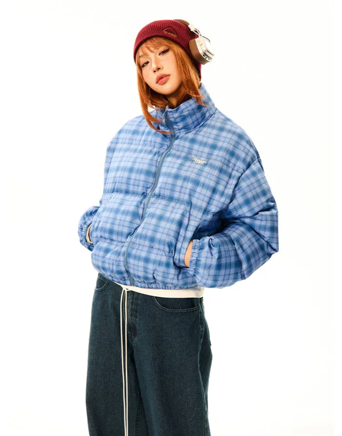 Plaid Quilted  High Collar Mid Crop Puffer Jacket