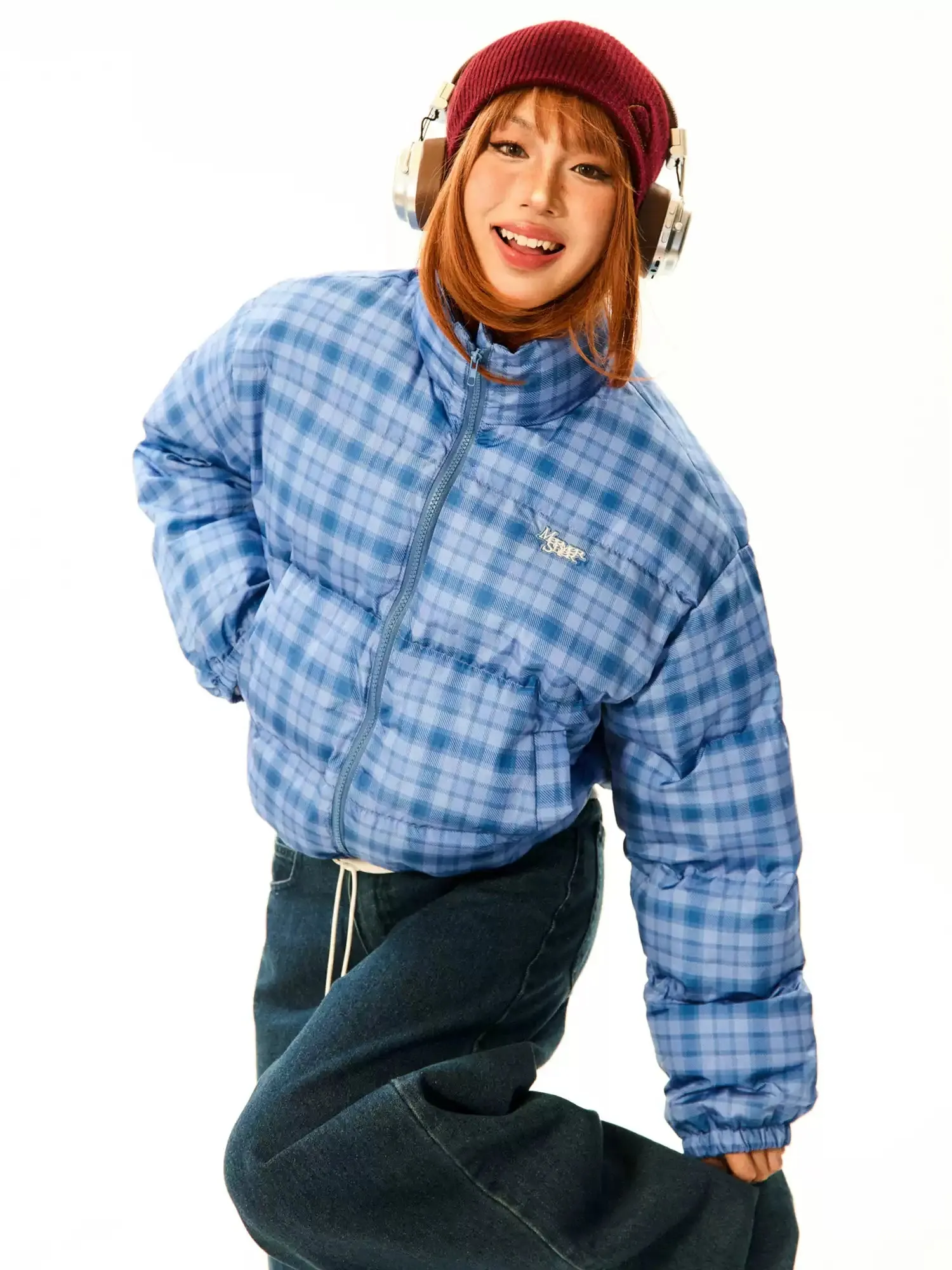 Plaid Quilted  High Collar Mid Crop Puffer Jacket
