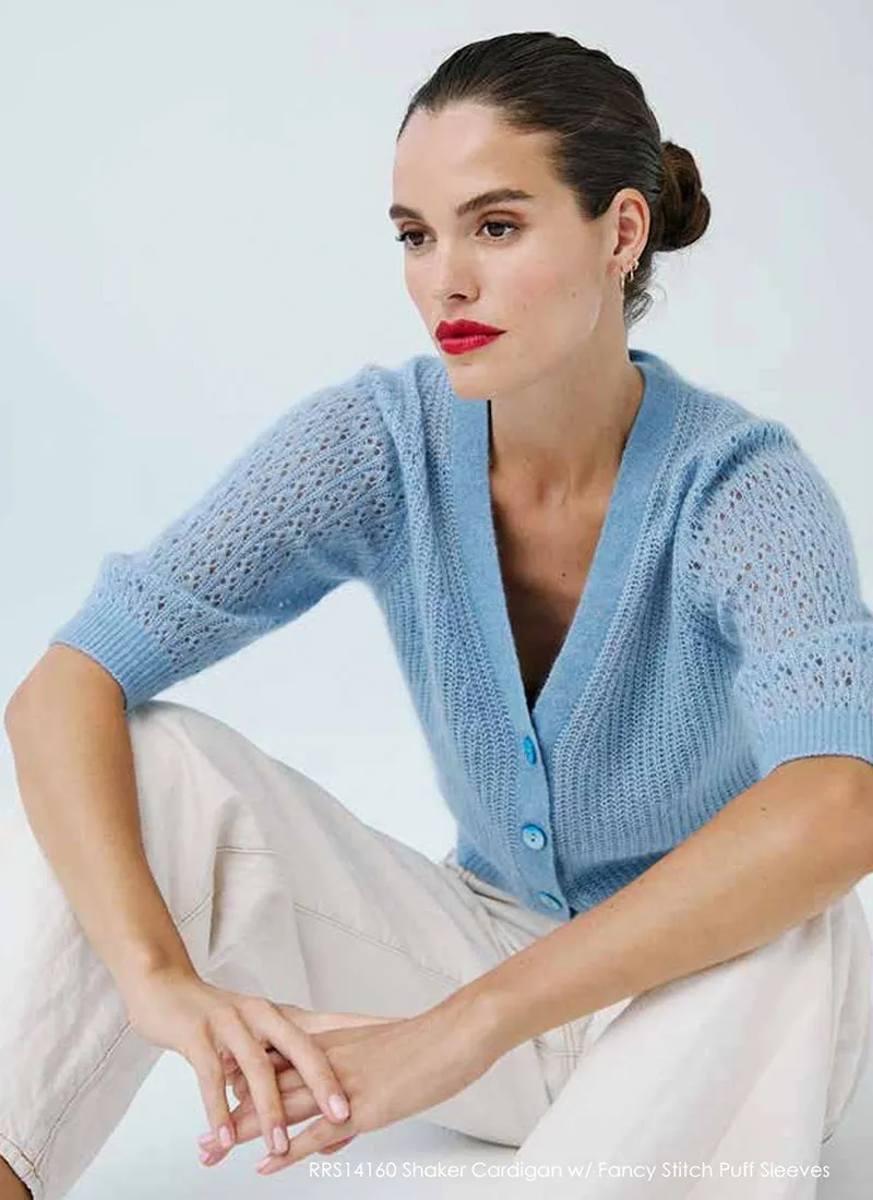 Shaker Fancy Stitch Puff Sleeve Cardigan