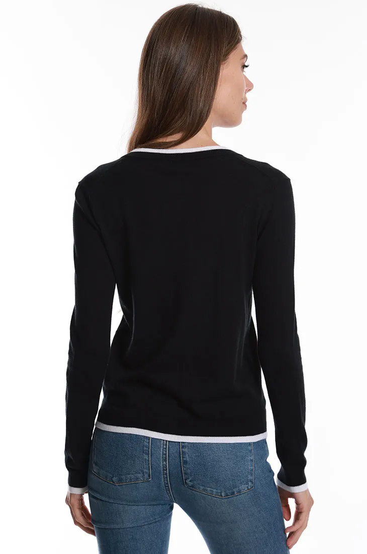 Supima Cotton Cashmere Crew Cardigan with Tipping