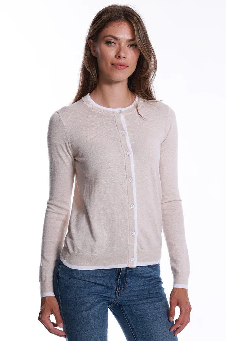 Supima Cotton Cashmere Crew Cardigan with Tipping