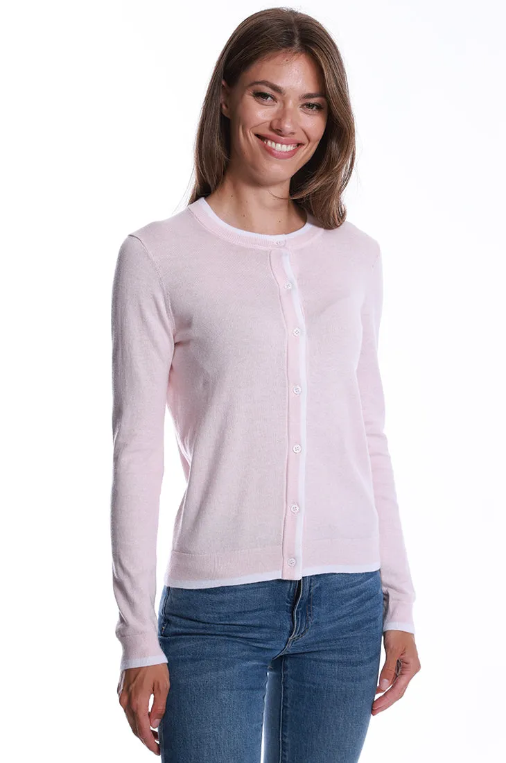 Supima Cotton Cashmere Crew Cardigan with Tipping