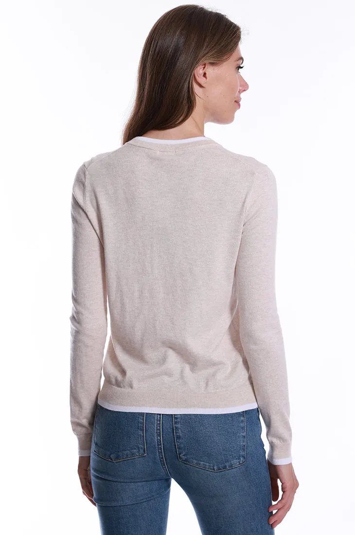 Supima Cotton Cashmere Crew Cardigan with Tipping
