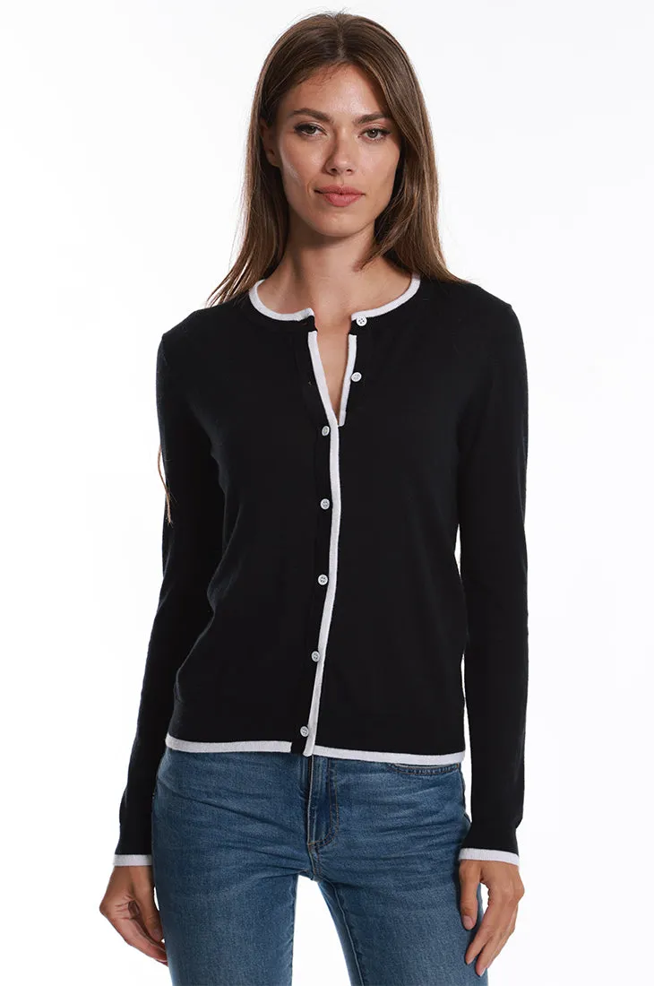 Supima Cotton Cashmere Crew Cardigan with Tipping