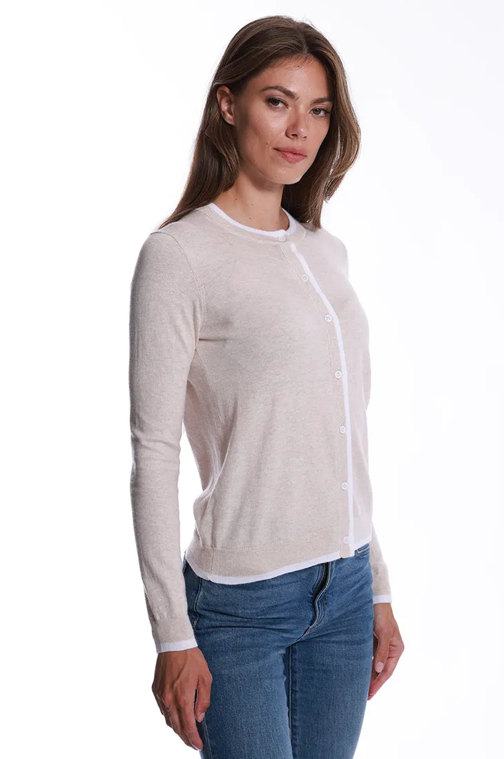 Supima Cotton Cashmere Crew Cardigan with Tipping