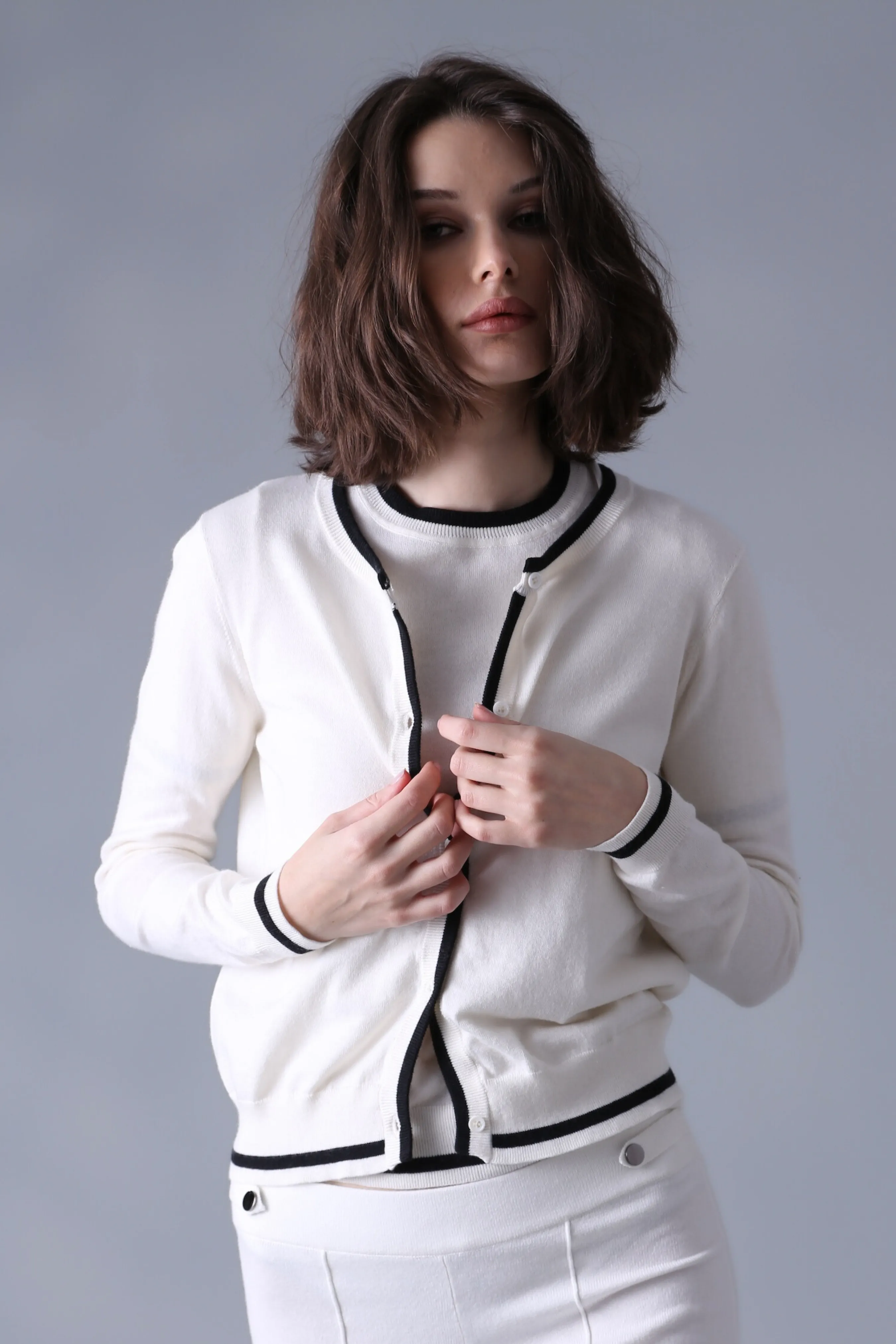 Supima Cotton Cashmere Crew Cardigan with Tipping
